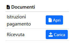 Riquadro documenti dei comuni richiesti, mostra il pulsante per visualizzare le istruzioni per il pagamento e il pulsante per caricare la ricevuta di pagamento